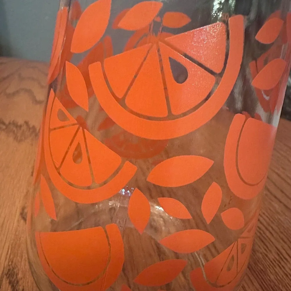 Vintage Juice Carafe Pitcher 8.5in Orange Citrus Retro Fruit Pattern MCM